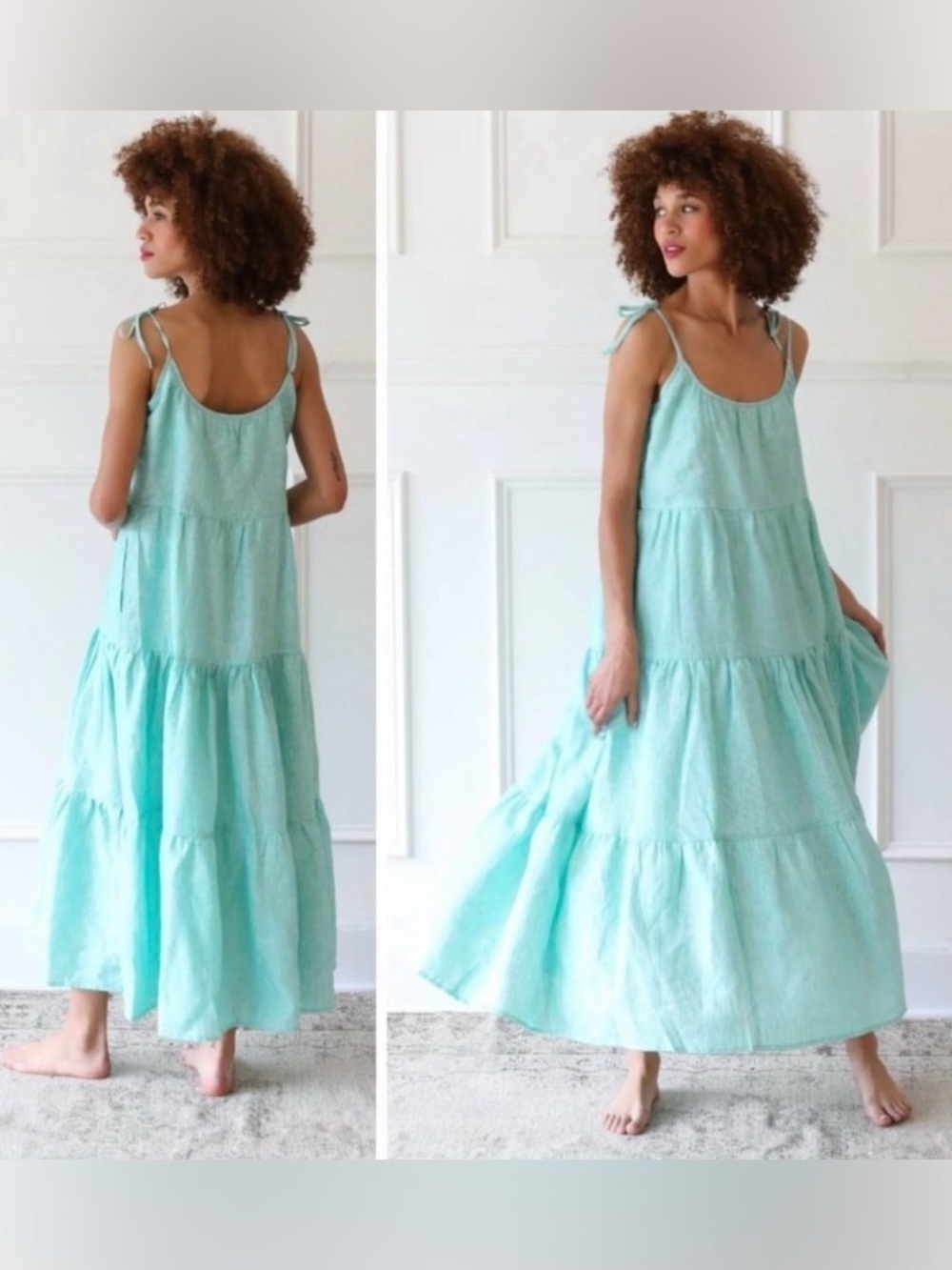 MILLE Maui Tiered Linen Midi Dress Green Stripe Size S Lined Vacation Summer